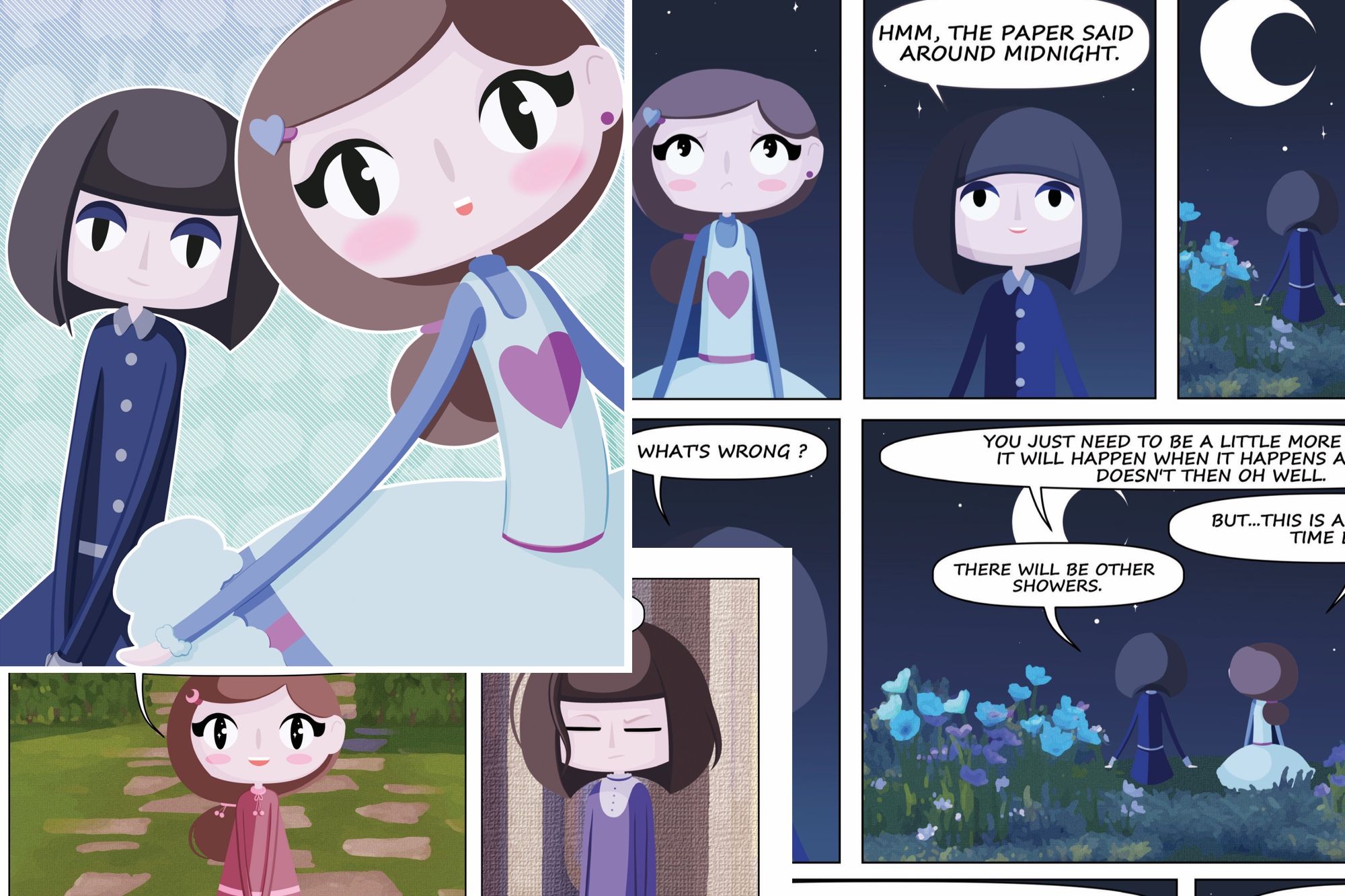 Comic collage from the Journey to Lamina manga showing Bubble and Aqua together, with night scenes and a starry field from the Lamina story world.