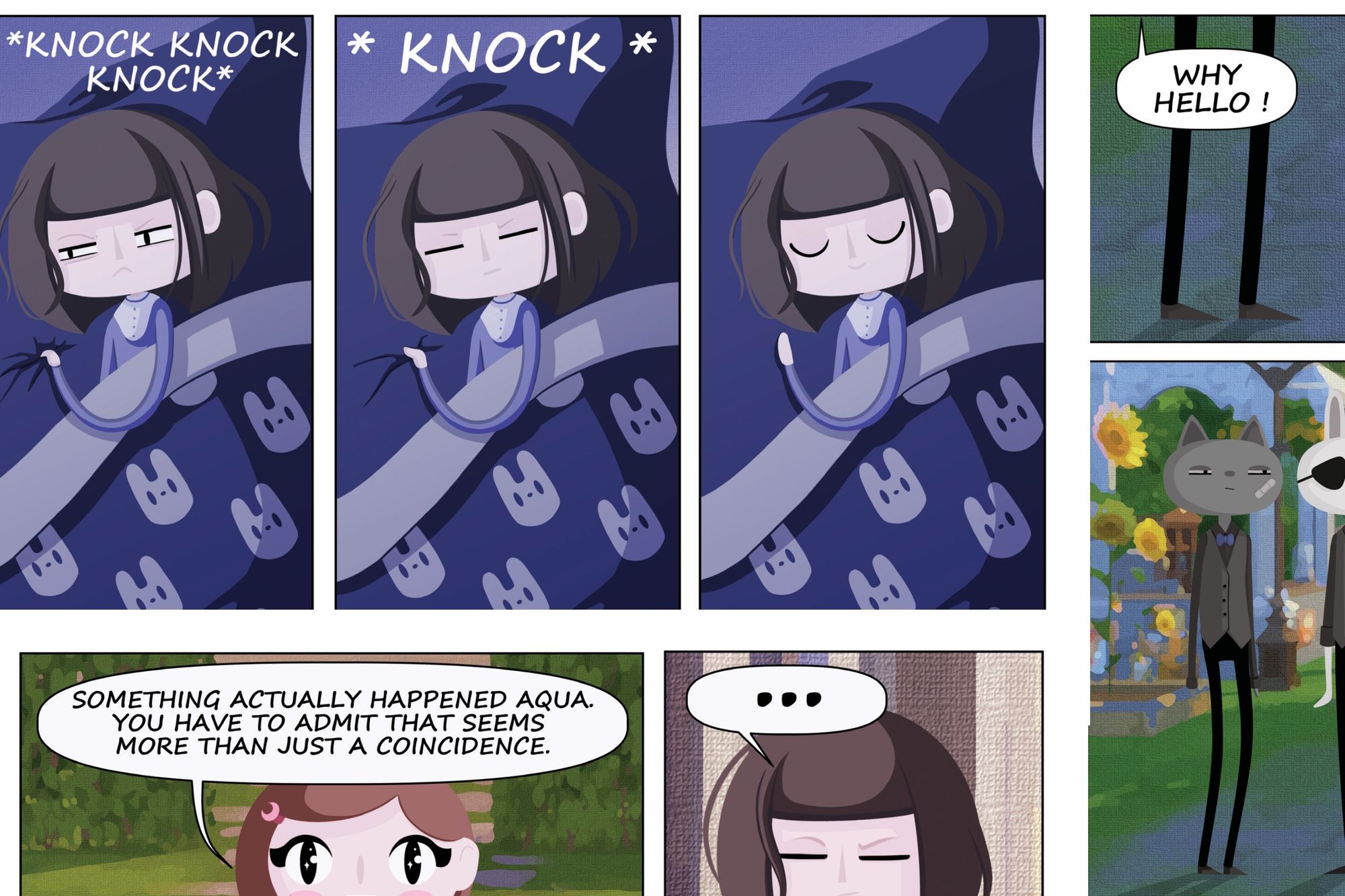 Comic collage from the Journey to Lamina manga showing Aqua awakened by a late-night knock, followed by Bubble speaking to her as two tall cat-like guardians appear outside.